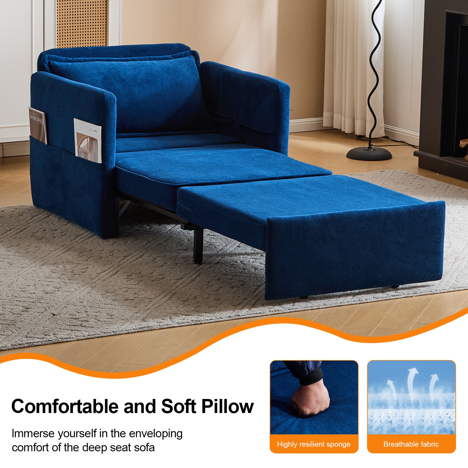 Sleeper Chair Bed, 3-in-1 Convertible Sofa Bed Pull-out Sofa Bed, Convenient Folding Tray Table With USB And Type-C Charging Ports,Blue,Leather_voghion.com
